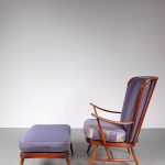 1950’s Beautiful large easy chair with foot stool on stained beech frame with purple upholstery