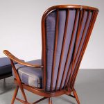 1950’s Beautiful large easy chair with foot stool on stained beech frame with purple upholstery