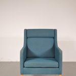 1960’s Beautiful Danish highback easy chair with blue fabric upholstery