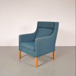 1960’s Beautiful Danish highback easy chair with blue fabric upholstery