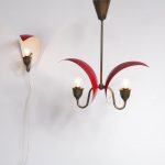 L4116 1950s hanging lamp red perforated metal with brass armature Bent karlby Lyfa / Denmark € 495,--