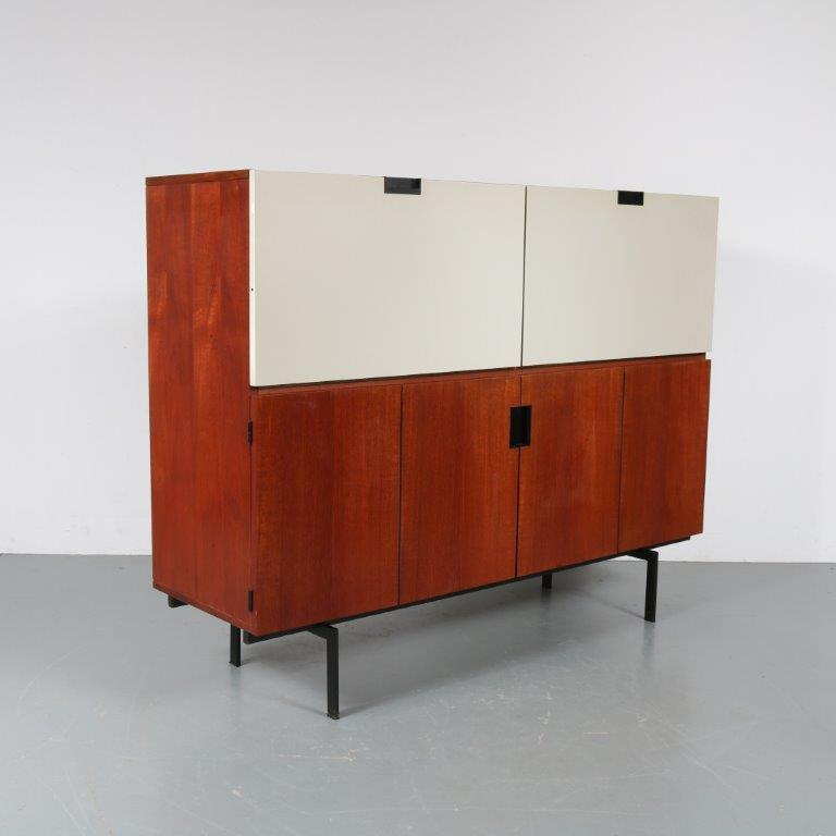 m22944 1960s Cabinet from the Japanese series in teak with two white doors on black metal base Cees Braakman Pastoe / Netherlands