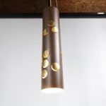L4232 1970s Brown metal cylinder shaped hanging lamp with brass details Lyfa / Denmark