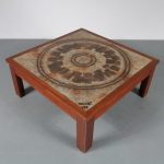 m23454 1970s Square coffee table, wooden with aluminium base and ceramics top Ox-Art / Denmark
