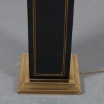 L4248 1970s Luxurious French floor lamp in black with gold wood, grey metal, black glass and red fabric hood Maison Barbier / France