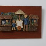 K3564 1950s Decorative wood with ceramics wall plate, Netherlands
