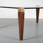 m23727 1970s Large square coffee table, wood with brass legs and glass top Peter Ghyczy Ghyczy / Netherlands