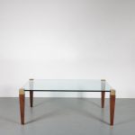 m23727 1970s Large square coffee table, wood with brass legs and glass top Peter Ghyczy Ghyczy / Netherlands