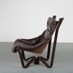 m23835 1970s Viking chair on brown wooden base with brown leather cushions Jim Myrstad Brunstad Møbelfabrikk / Norway