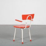 m23761 1950s Children chair white metal frame with red wooden seat and back