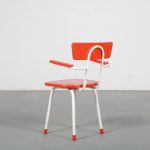m23761 1950s Children chair white metal frame with red wooden seat and back