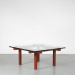 m23939 1950s Square coffee table on thick wooden base with thick glass top Alfred Hendrickx Belgium