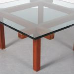 m23939 1950s Square coffee table on thick wooden base with thick glass top Alfred Hendrickx Belgium