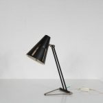 L4618 1950s Desk lamp on chrome with black metal base and hood, Sun Series model 1 H. Busquet Hala Netherlands