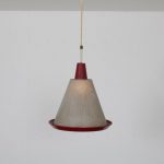 L4619 1950s Hanging lamp with red perforated metal hood Artimeta Netherlands