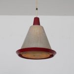 L4619 1950s Hanging lamp with red perforated metal hood Artimeta Netherlands