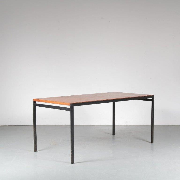 m24946 1950s Rectangular dining table on black metal base with teak top from the Japanese series Cees Braakman Pastoe Netherlands