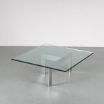 m24606 1960s Modern coffee table on heavy chrome base with thick glass top Attributed to Milo Baughman USA