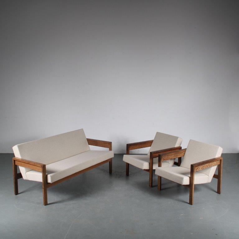 m25267 1950s Sofa set, 3-seater sofa with 2 easy chairs, Wengé wood with new upholstery Hein Stolle Spectrum / Netherlands
