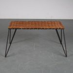 m25411 1950s Coffee table on black metal hairpin base with wicker top Netherlands