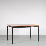 m25394 1950s Extendible dining table on black metal base with pine wooden top Netherlands