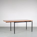 m25394 1950s Extendible dining table on black metal base with pine wooden top Netherlands