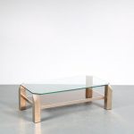 m25585 1970s Rectangular coffee table on brass base with glass top and mirrored glass shelf Belgo Chrom / Belgium