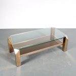 m25585 1970s Rectangular coffee table on brass base with glass top and mirrored glass shelf Belgo Chrom / Belgium