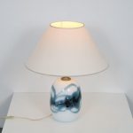 L4709 1970s Danish table lamp glass base with fabric hood Holmegaard Denmark