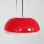 L4829 1960s White with red glass hanging lamp on three chains Stilnovo?, Italy