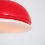 L4829 1960s White with red glass hanging lamp on three chains Stilnovo?, Italy