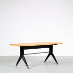 m25609 1950s Italian coffee table on black wooden base with brass details and birch top in Lacca style Italy