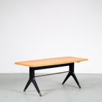 m25609 1950s Italian coffee table on black wooden base with brass details and birch top in Lacca style Italy