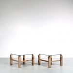 m25586 1970s Pair of square side tables on brass base with glass top and mirrored glass shelf Belgo Chrom / Belgium