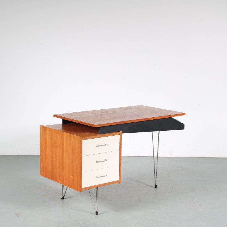 m25701 1950s Teak with black wooden desk with white drawers on chrome hairpin legs Cees Braakman Pastoe, Netherlands