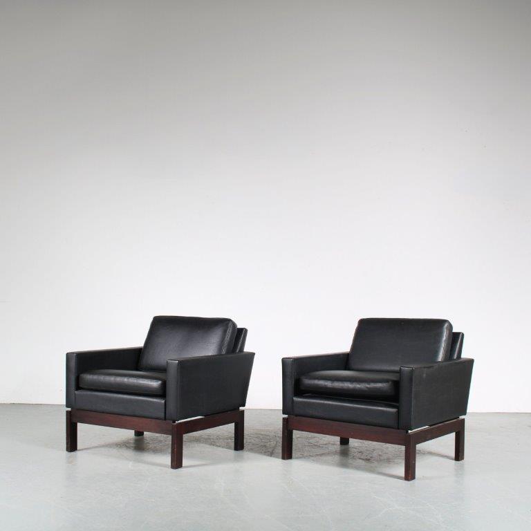 m25588 1960s Pair of easy chairs on wooden base with black skai upholstery George van Rijck Beaufort, Belgium