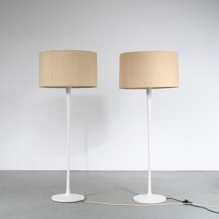 L4853 1970s Pair of large floor lamps on white plastic tulip base with fabric hoods Staff Leuchten, Germany