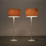 L4853 1970s Pair of large floor lamps on white plastic tulip base with fabric hoods Staff Leuchten, Germany