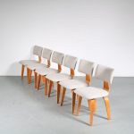 m25697 1950s Set of six birch plywood dining chairs with new upholstery Cees Braakman Pastoe, Netherlands