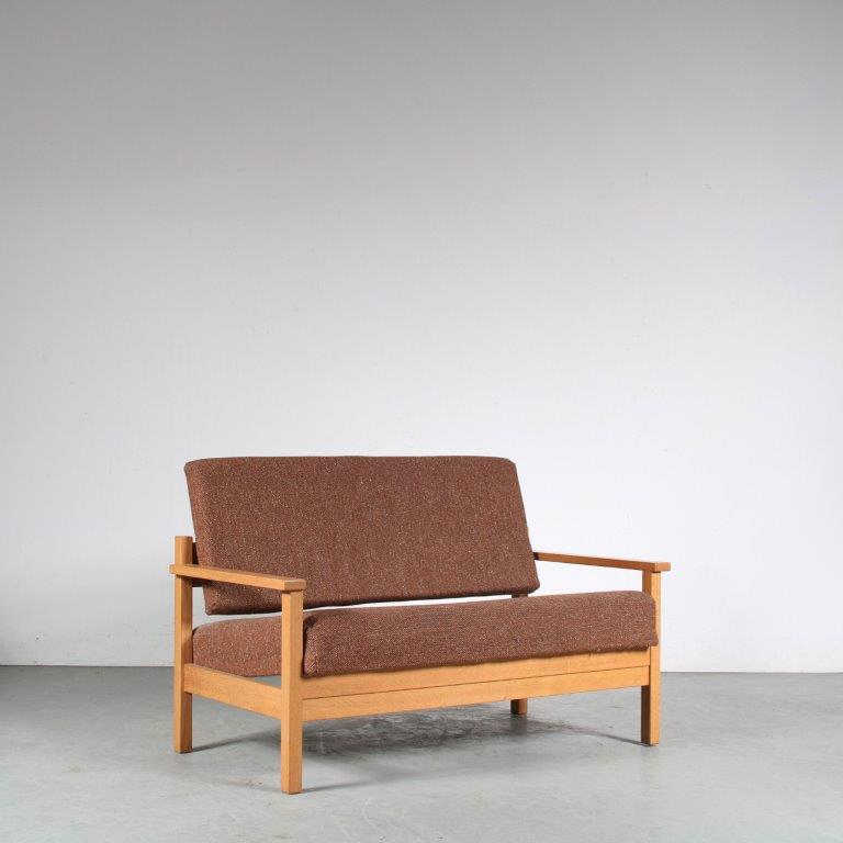 m25761 1970s Danish beech two-seater sofa with nice joints in the frame and brown fabric upholstery Denmark