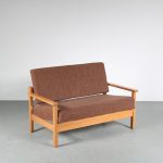 m25761 1970s Danish beech two-seater sofa with nice joints in the frame and brown fabric upholstery Denmark