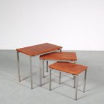 m25829 1960s Set of 3 nesting tables on grey metal base with teak tops Netherlands