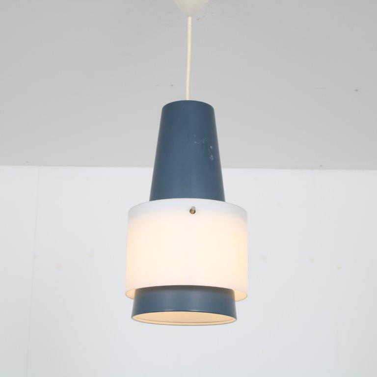L4789 1950s Blue with white metal hanging lamp with milk glass cylinder Louis Kalff Philips / Netherlands
