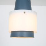 L4789 1950s Blue with white metal hanging lamp with milk glass cylinder Louis Kalff Philips / Netherlands