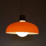 L4845 1960s White with orange glass hanging lamp Alessandro Pianon Vistosi, Italy