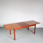 m25769 1960s Rectangular teak plywooden extendible dining table with metal supports Coen de Vries Everest, Netherlands