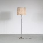 L4806 1960s Chrome metal floor lamp with plexiglass details and fabric hood Raak / Netherlands