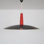 L4801 1950s Red with black perforated metal hanging lamp Louis Kalff Philips / Netherlands