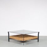 m26009 1960s Square coffee table on black metal frame with wicker and smoke glass top Netherlands