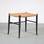 m26002 1950s Rectangular hocker / stool on black wooden base with rush upholstery Italy